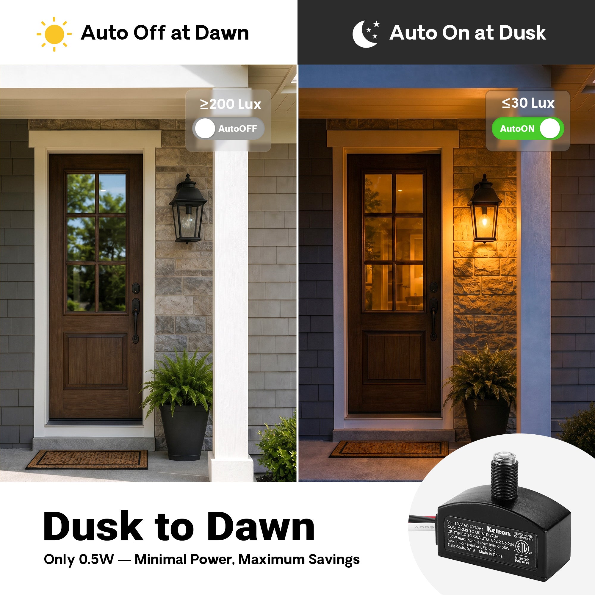 Keilton 120V AC Dusk to Dawn Photocell Light Sensor, Outdoor Hard-Wired Post Eye Light Control with Photoelectric Switch, Auto On/Off, ETL Listed, 1 Pack