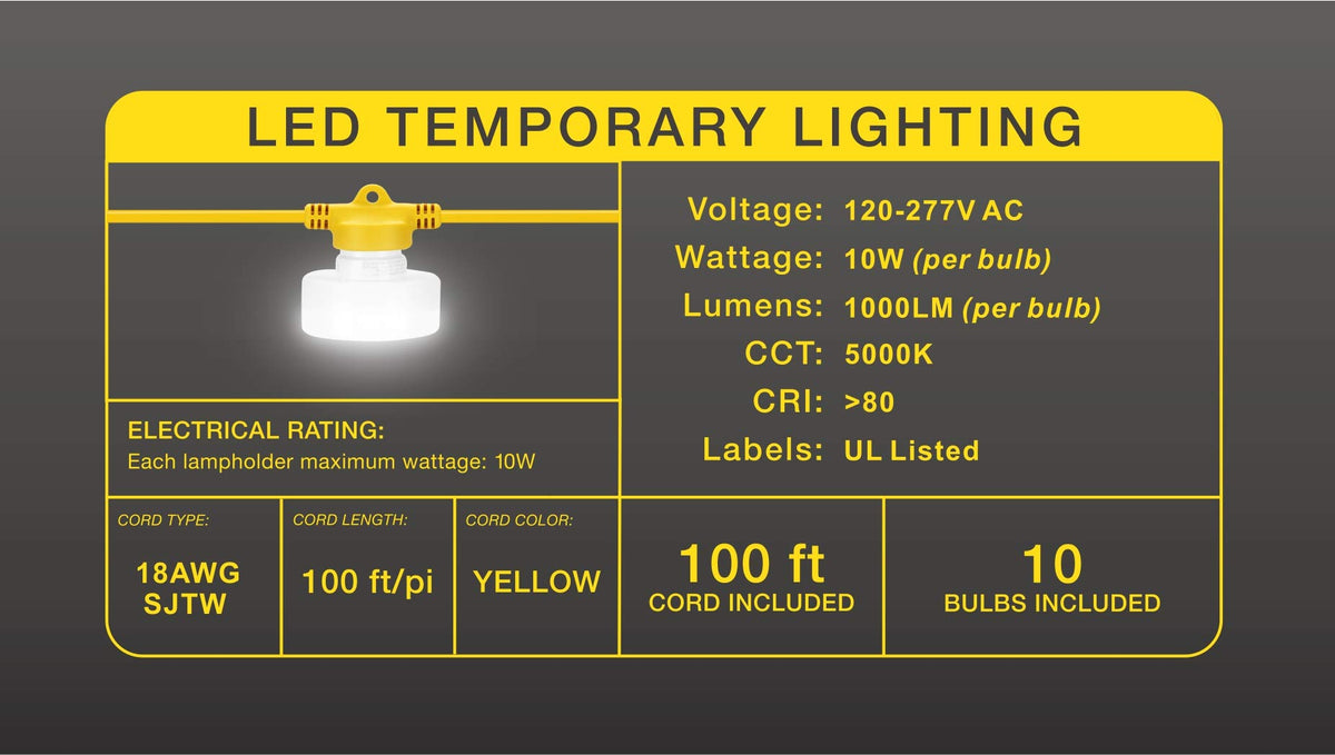 Legental LED Construction String Lights, 100FT 10 Bulbs, 100W 10000LM 5000K Linkable Up to 8 Sets, 10 Replaceable GU24 Heads, 18 AWG SJTW Cord, UL Listed for Wet Locations, 120-277V, CRI 80+