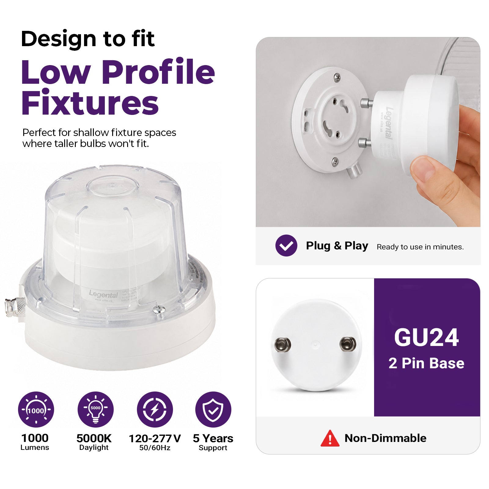 2.99" GU24 LED Puck Light Bulb 2 Prong, 10W 1000LM 5000K Cool White, 2 Pack | 2 Pin Led Lights with Twist-Lock Base, Low Profile Flat Design, Replaces 18W CFL, UL Damp Listed, Non-Dimming