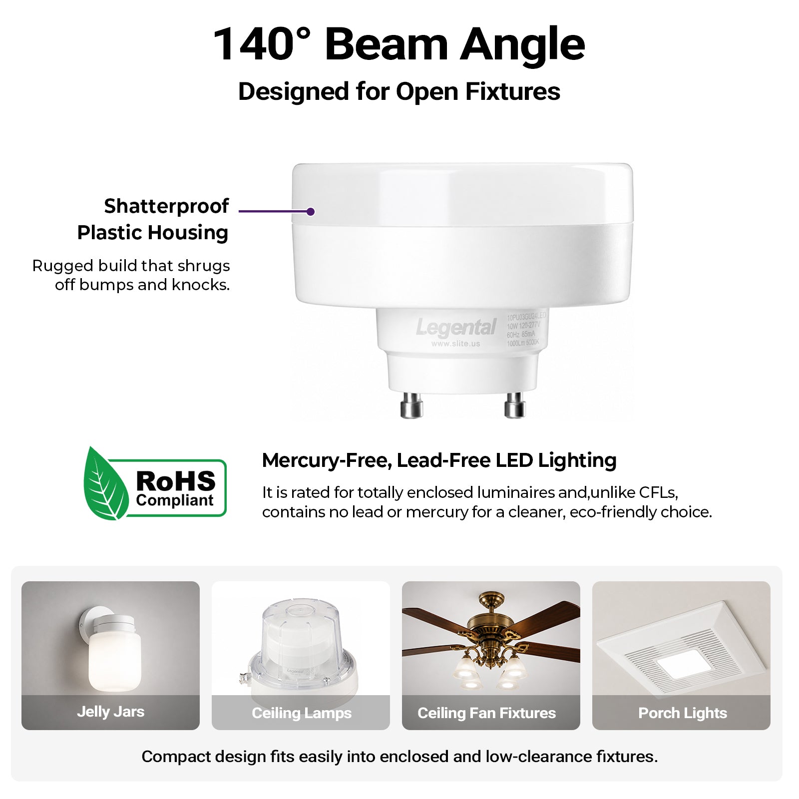 2.99" GU24 LED Puck Light Bulb 2 Prong, 10W 1000LM 5000K Cool White, 2 Pack | 2 Pin Led Lights with Twist-Lock Base, Low Profile Flat Design, Replaces 18W CFL, UL Damp Listed, Non-Dimming