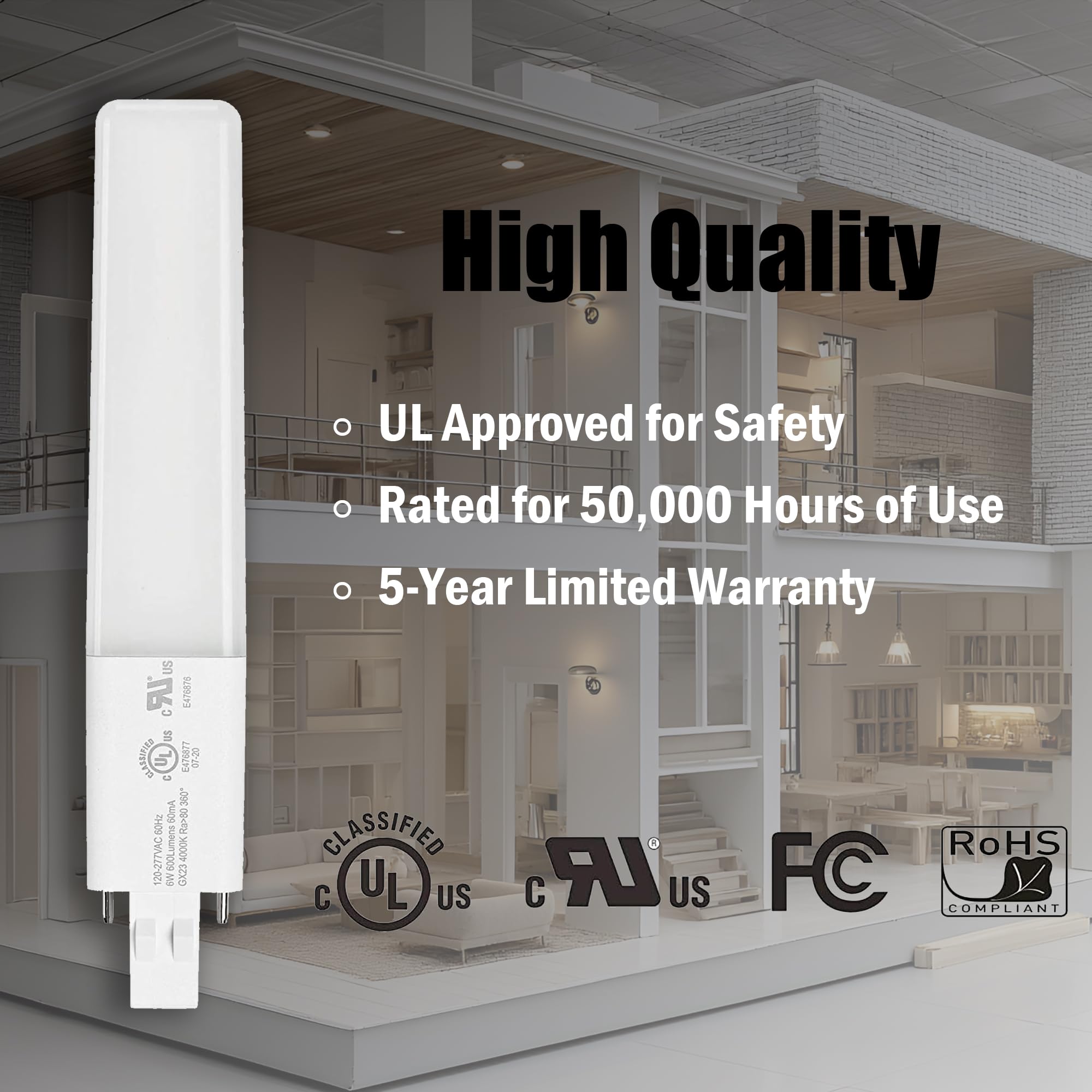 Legental GX23 2-Pin 6.93" LED Bulb 6W, 13W CFL Equivalent PL Horizontal Light, 4000K Daylight, 120-277V Plug and Play, 360° Beam, UL Listed Energy Saving CFL Replacement – 2 Pack