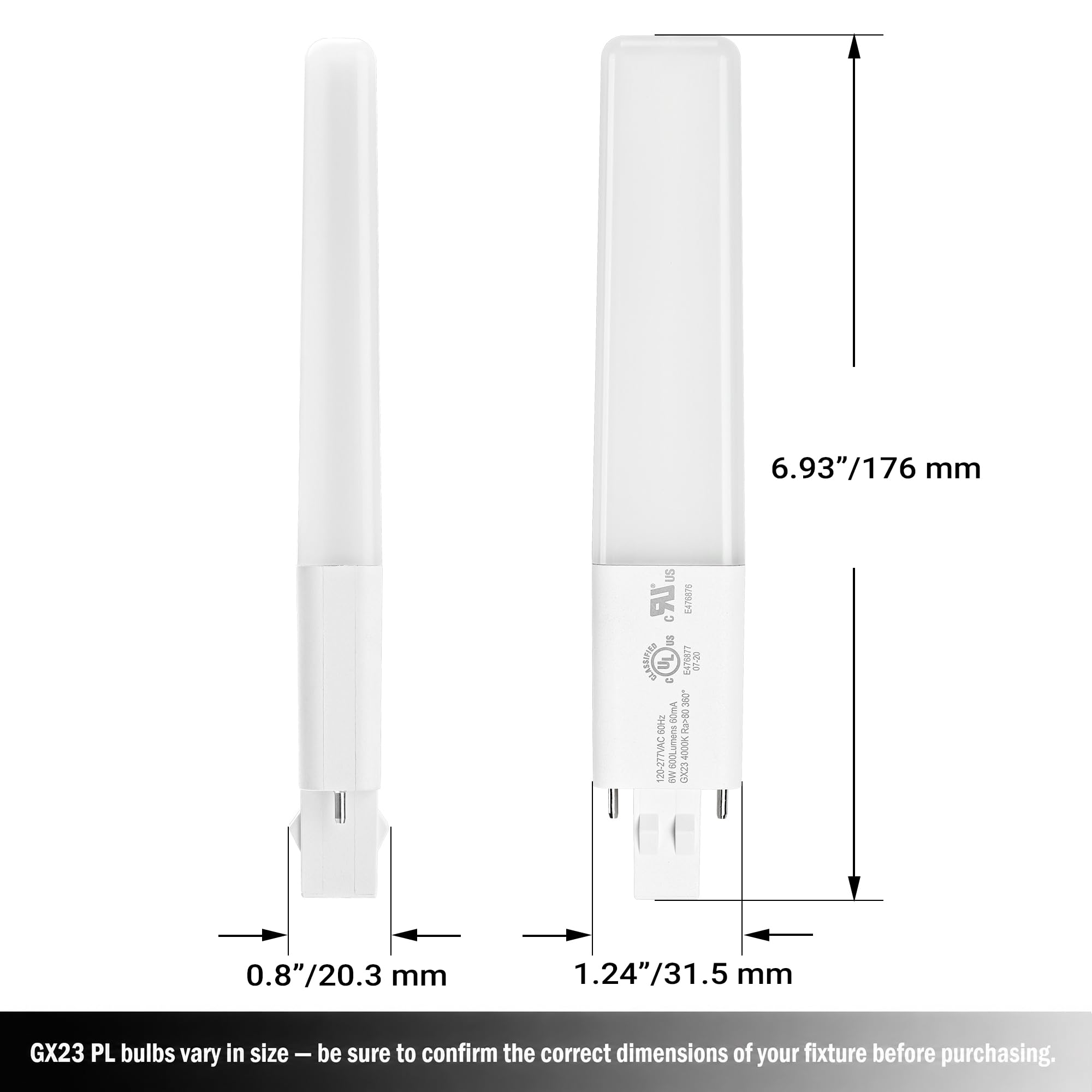 Legental GX23 2-Pin 6.93" LED Bulb 6W, 13W CFL Equivalent PL Horizontal Light, 4000K Daylight, 120-277V Plug and Play, 360° Beam, UL Listed Energy Saving CFL Replacement – 2 Pack