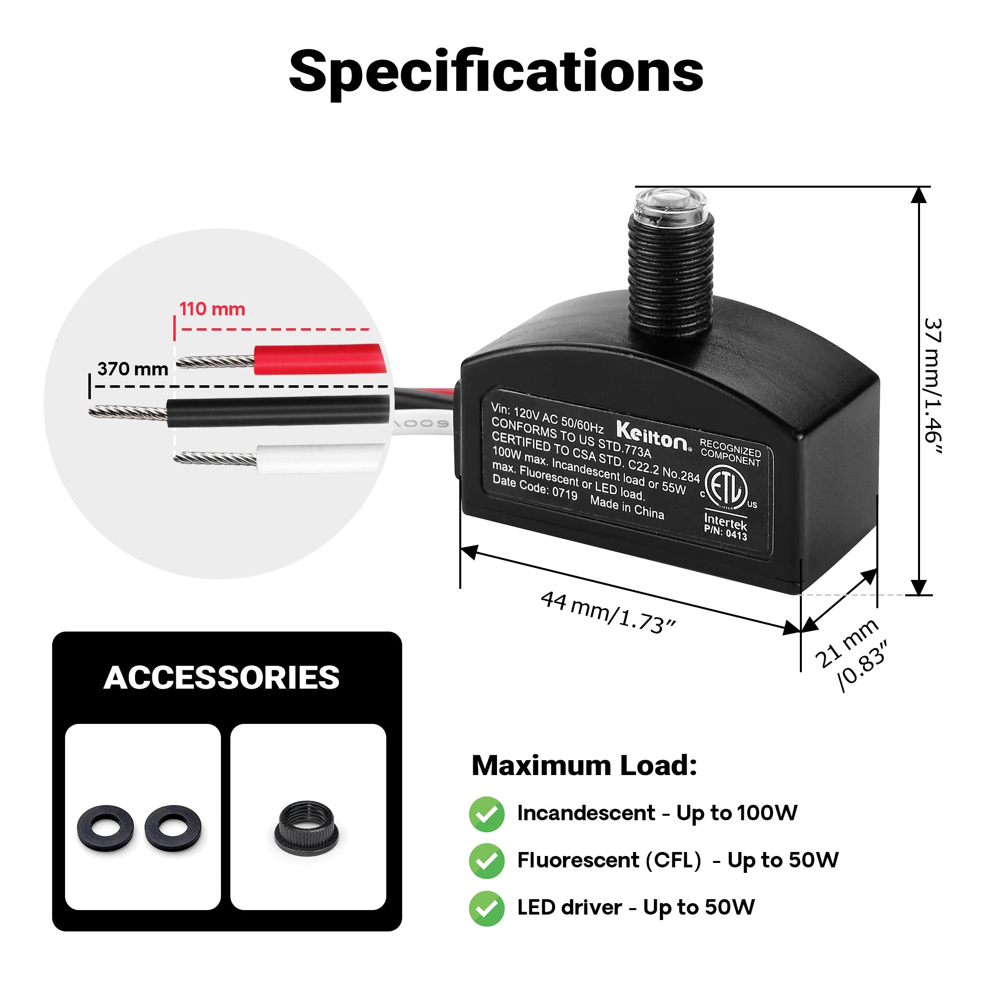 Keilton 120V AC Dusk to Dawn Photocell Light Sensor, Outdoor Hard-Wired Post Eye Light Control with Photoelectric Switch, Auto On/Off, ETL Listed, 1 Pack
