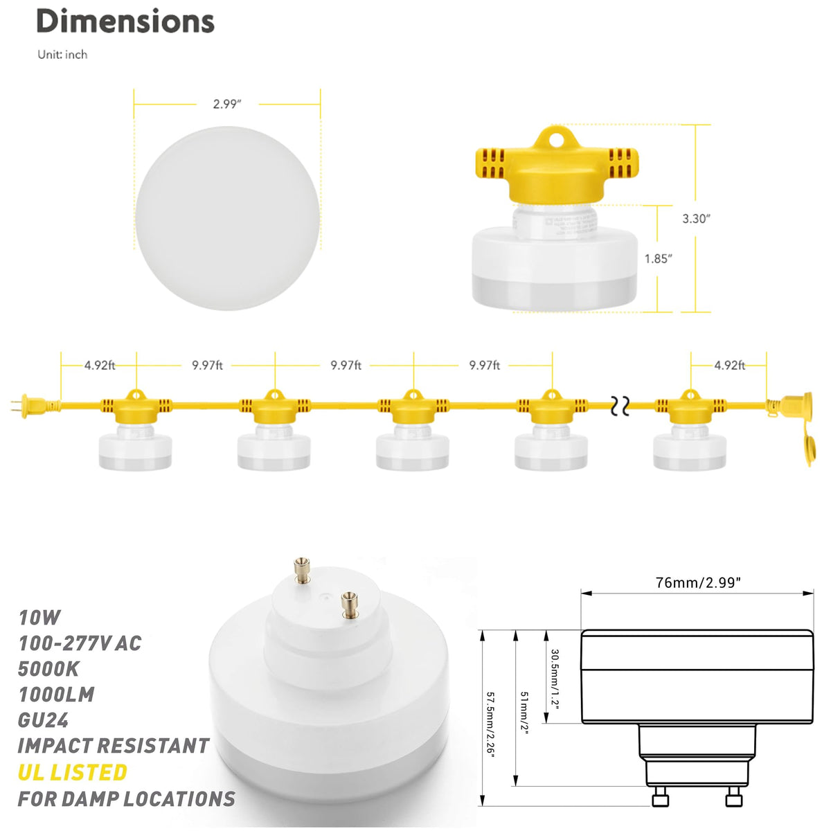 Legental LED Construction String Lights, 100FT 10 Bulbs, 100W 10000LM 5000K Linkable Up to 8 Sets, 10 Replaceable GU24 Heads, 18 AWG SJTW Cord, UL Listed for Wet Locations, 120-277V, CRI 80+