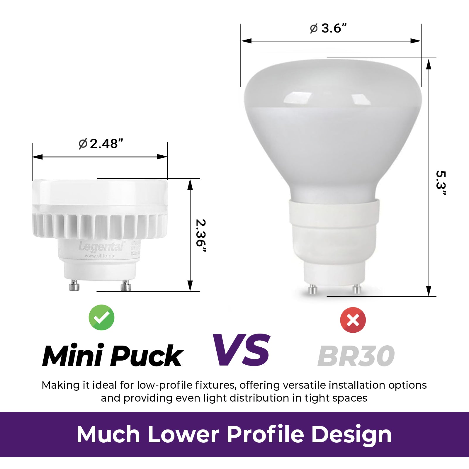2.48" GU24 LED Mini Puck Light Bulb 2 Prong, 10W 1100LM 4000K Cool White | 2 Pin GU24 Led Squat Light Bulb 120-277V, Low Profile Design, 18W CFL Replacement, UL Wet Listed, Non-Dimming