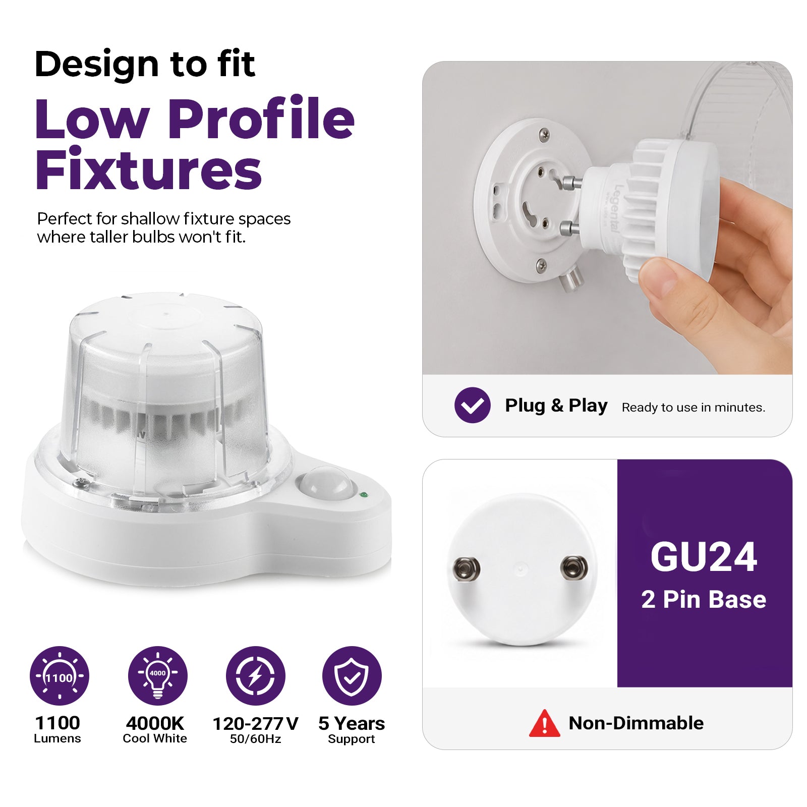 2.48" GU24 LED Mini Puck Light Bulb 2 Prong, 10W 1100LM 4000K Cool White | 2 Pin GU24 Led Squat Light Bulb 120-277V, Low Profile Design, 18W CFL Replacement, UL Wet Listed, Non-Dimming
