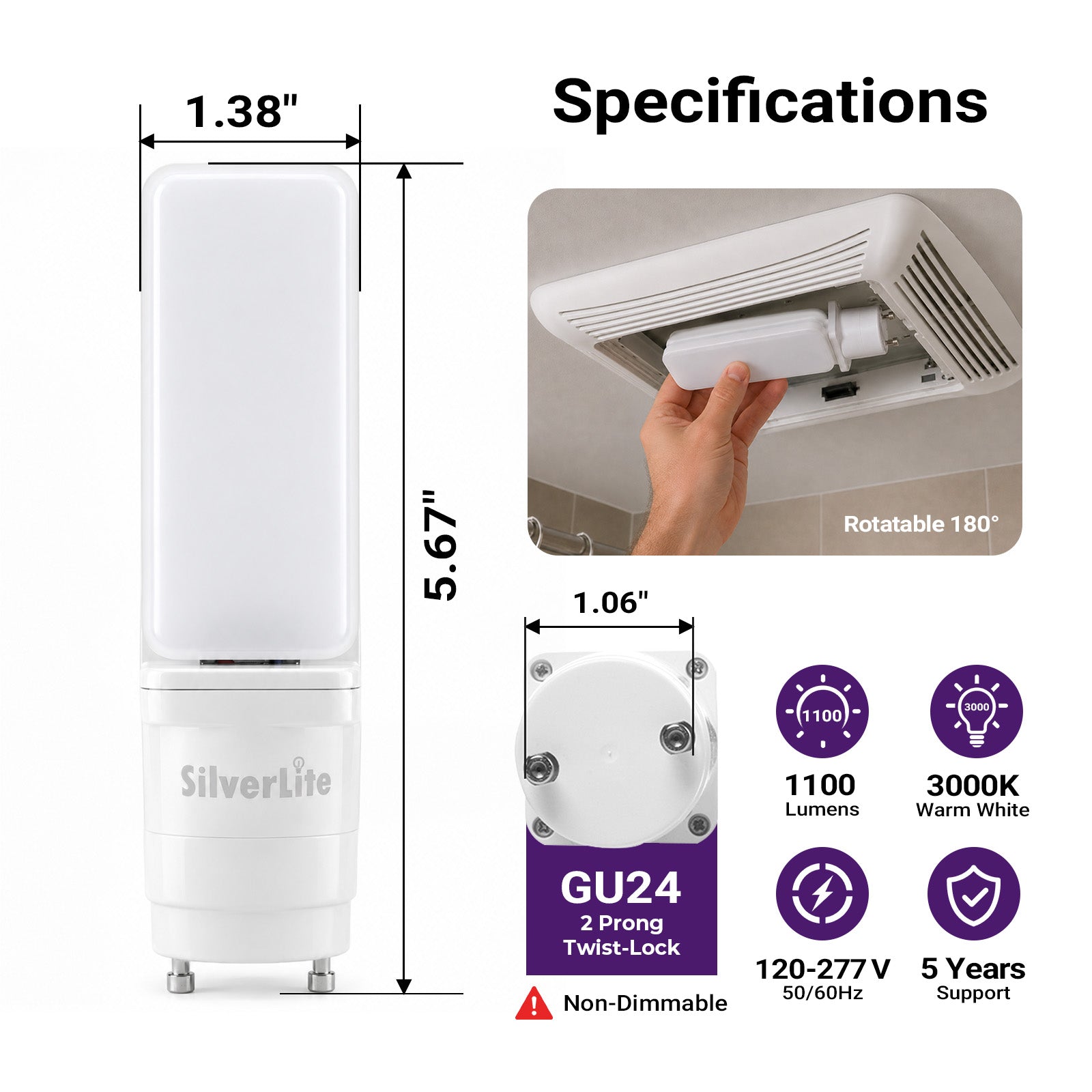 5.67" 12W GU24 LED Bulb 2 Prong PL 5000K 1100LM 26W CFL Equivalent 120-277V | Fluorescent Light Bulb Replacement, Led Lights Daylight, Horizontal Recessed 180°Rotating, UL Damp Listed, Non-Dimming