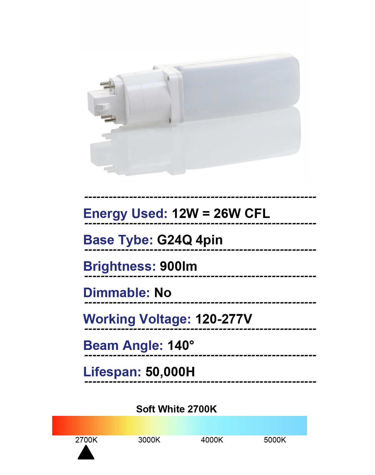 Legental 12W LED PL Lamp Type A+B, G24q 4-Pin Base, 2700K Soft White, 900LM, 26W CFL Equivalent, Plug-and-Play with Ballast or Ballast Bypass 120-277V, Horizontal 180° Rotatable, Fits 6" Recessed Cans, UL Listed Damp Location, Non-Dimming