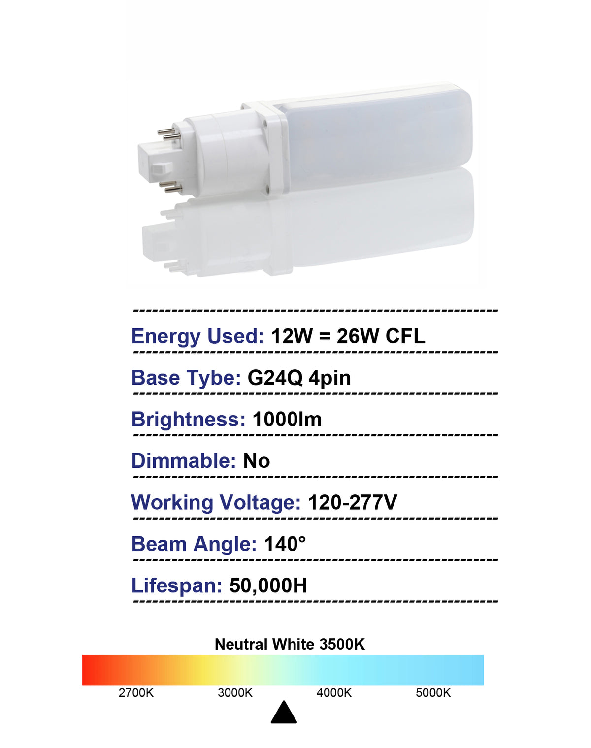 Legental 12W LED PL Lamp Type A+B, G24q 4-Pin Base, 3500K Neutral White, 1000LM, 26W CFL Equivalent, Plug-and-Play with Ballast or Ballast Bypass 120-277V, Horizontal 180° Rotatable, Fits 6" Recessed Cans, UL Listed Damp Location, Non-Dimming