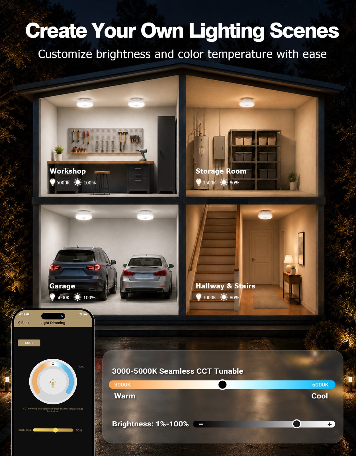 LegenSync LED Garage Lights, Screw in E26 Smart Light Bulbs 120-277V 1900LM, Motion Sensor & Daylight Harvesting, Dimmable 3000K-5000K Tunable White, 18W (120W Equivalent), for Garage Basement Workshop