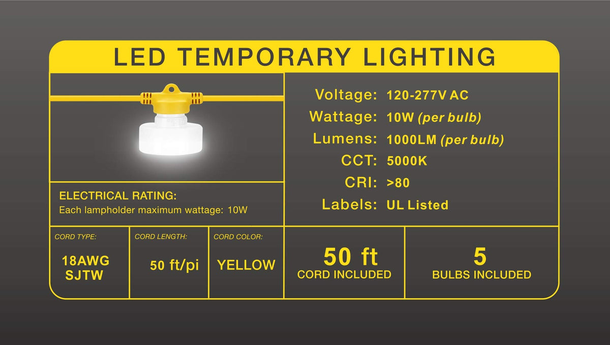 Legental LED Construction String Lights, 50FT 5 Bulbs, 50W 5000LM, 5000K Linkable Up to 16 Sets, 5 Replaceable GU24 Heads, 18 AWG SJTW Cord, UL Listed for Wet Locations, 120-277V, CRI 80+