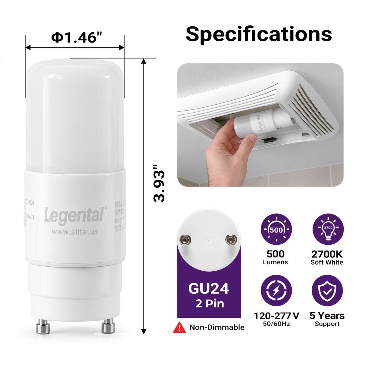 5w(13w CFL Equivalent) LED Stick PL Bulb GU24 Base, 500LM, Soft White(2700k), Driven by 120-277V and CFL Ballast, UL Listed, 10 Pack