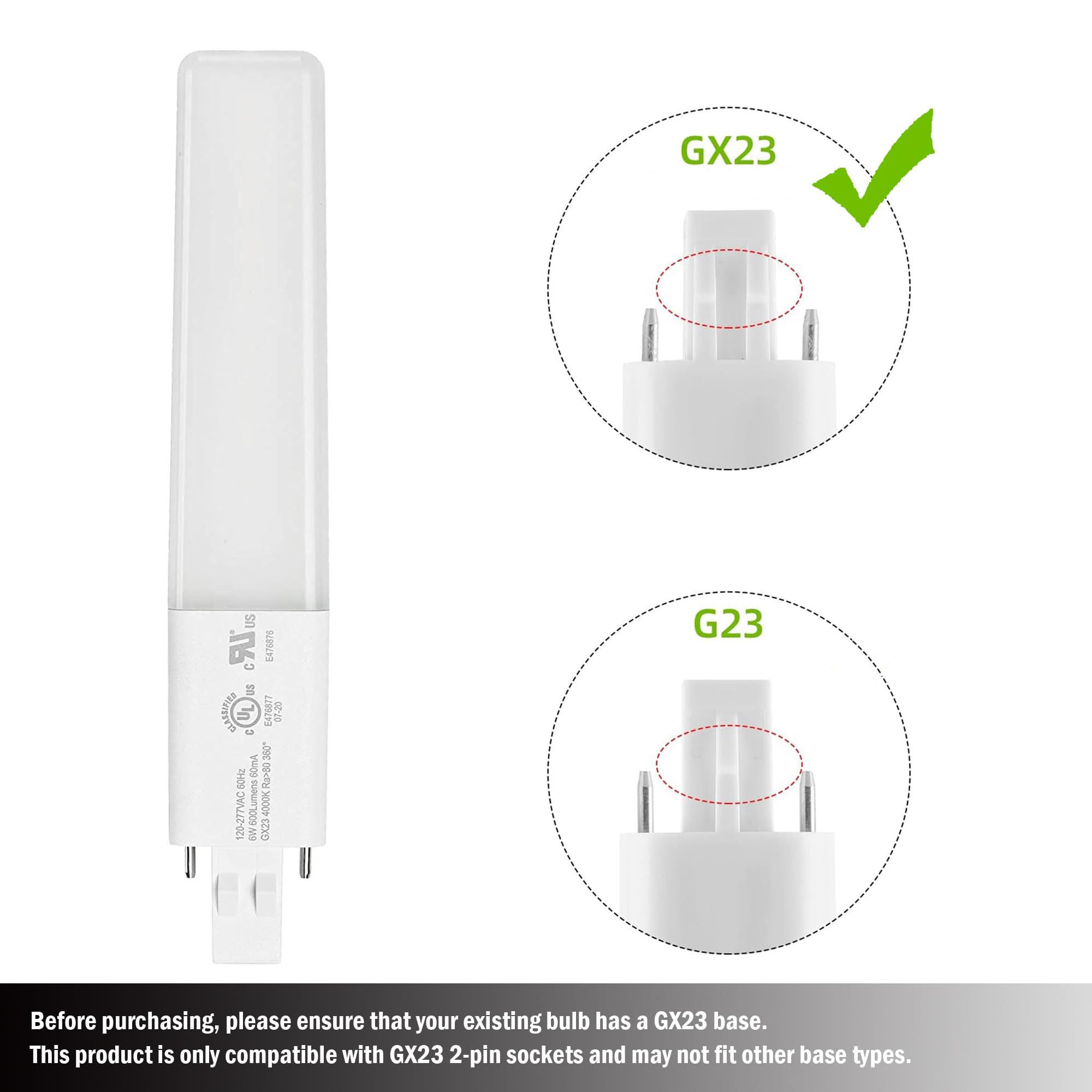 Legental GX23 2-Pin 6.93" LED Bulb 6W, 13W CFL Equivalent PL Horizontal Light, 4000K Daylight, 120-277V Plug and Play, 360° Beam, UL Listed Energy Saving CFL Replacement – 2 Pack