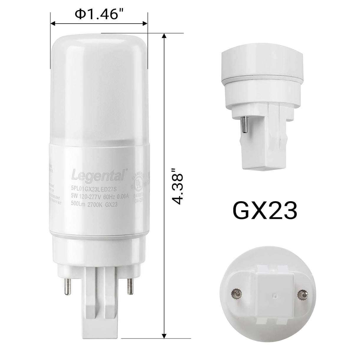 [Plug&Play] Legental 5w(13w CFL Equivalent) LED Stick PL Bulb GX23-2 Pin Base, 500LM, Soft White(2700k), Driven by 120-277V and CFL Ballast, UL Listed, 2 Pack