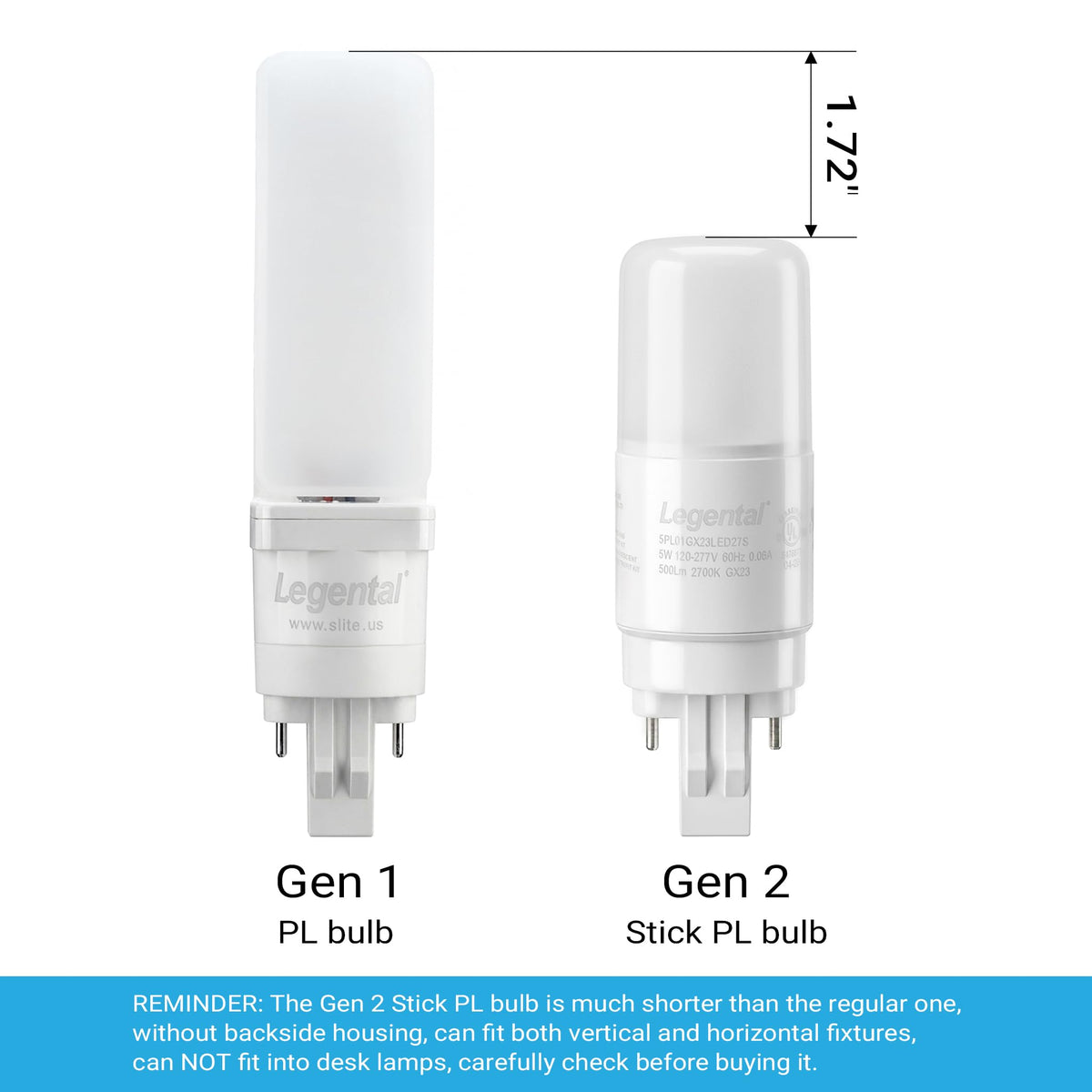 [Plug&Play] Legental 5w(13w CFL Equivalent) LED Stick PL Bulb GX23-2 Pin Base, 500LM, Soft White(2700k), Driven by 120-277V and CFL Ballast, UL Listed, 2 Pack